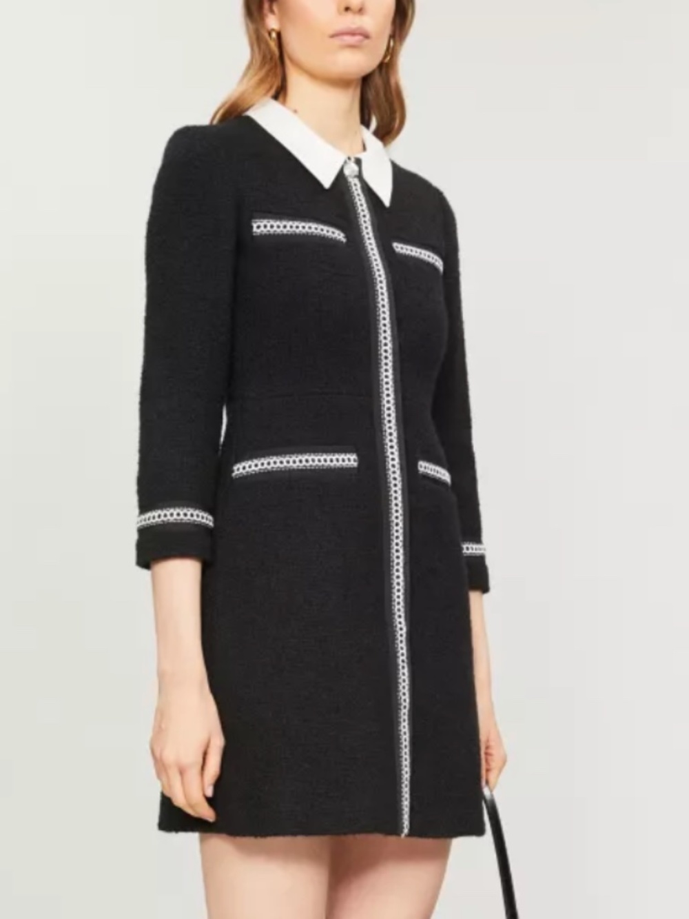 Maje Renali Contrast Collar Tweed Mini Dress Black White Button W/ Tags FR 34 XS